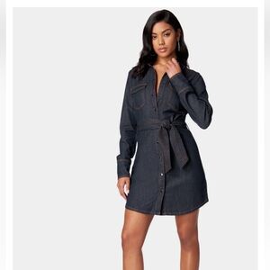 Bebe Dark Wash Long Sleeve Denim Belted Shirt Dress NWT Size XS